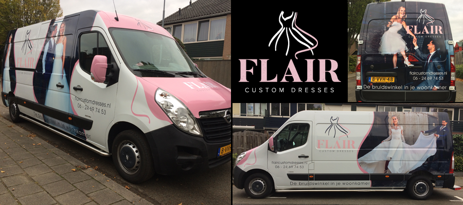 Van Veldhuizen Reclame laat de bruidsparen schitteren op deze mooie grote bus van Flair custom dresses.