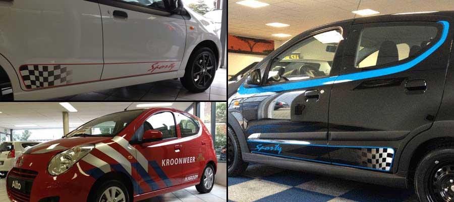 Alto belettering en striping bij Suzuki Kroon van special editions door van Veldhuizen Reclame.