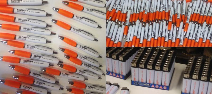 (tampon) bedrukking pennen en aanstekers voor Klomp Elektrotechniek door van Veldhuizen Reclame.